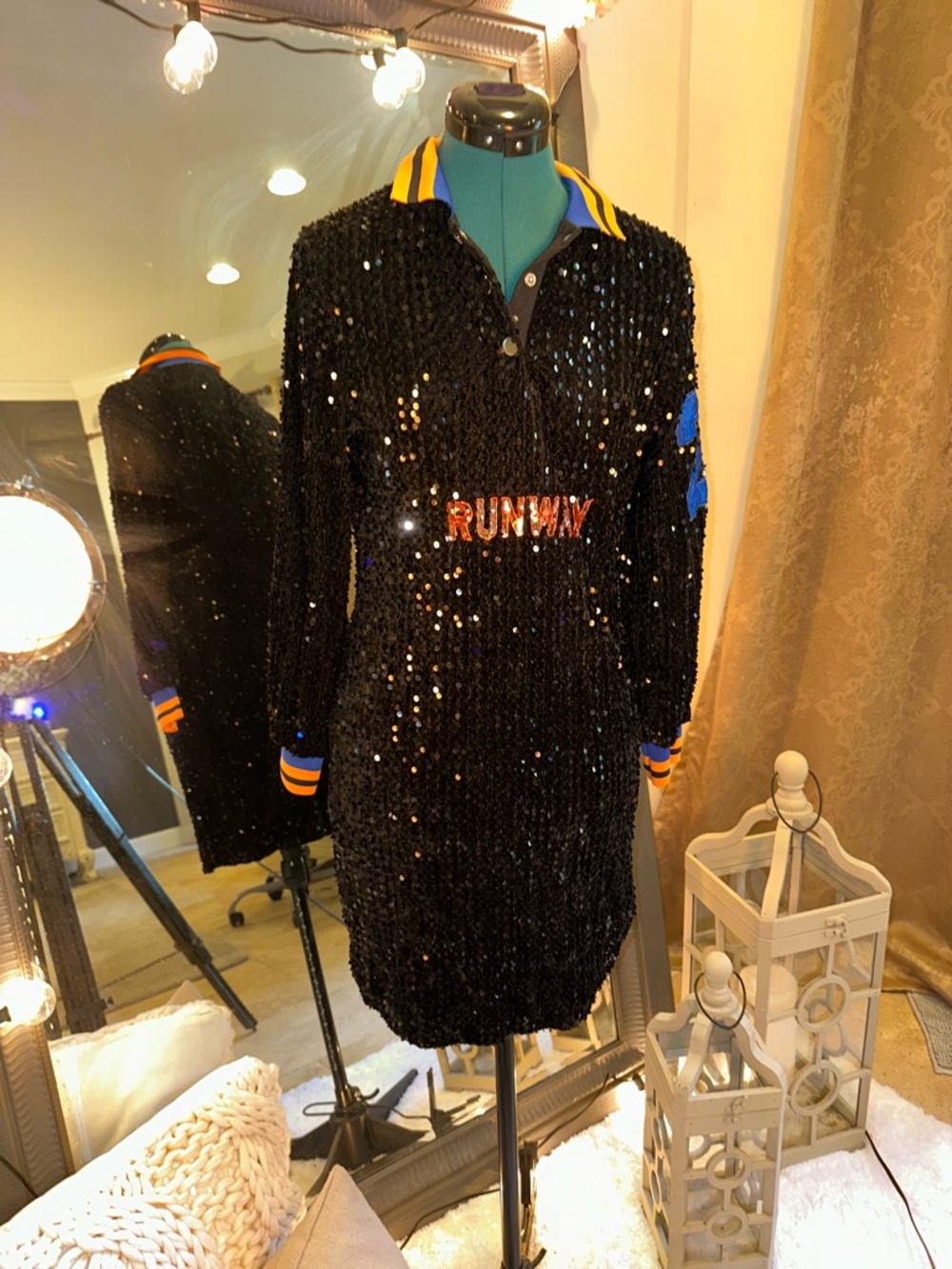 Black Sequin 'RUNWAY' Polo Dress with Blue & Yellow Trim size M